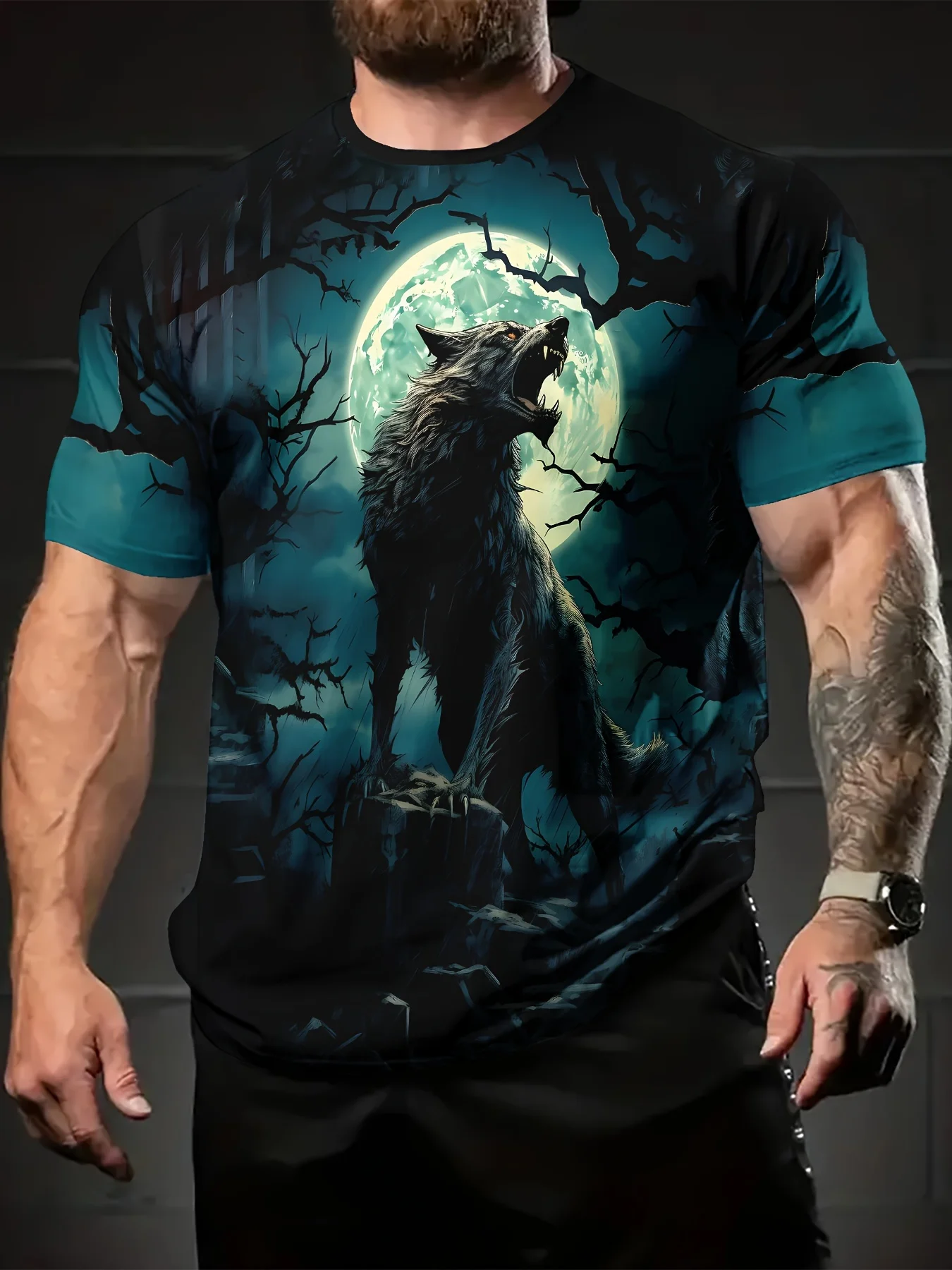 

Men' Wolf Graphic T-Shirt,Casual Crew Neck Short Sleeve Tee,100% Polyester Knit Fabric,Slight Stretch,Summer Outdoor Top,Regular
