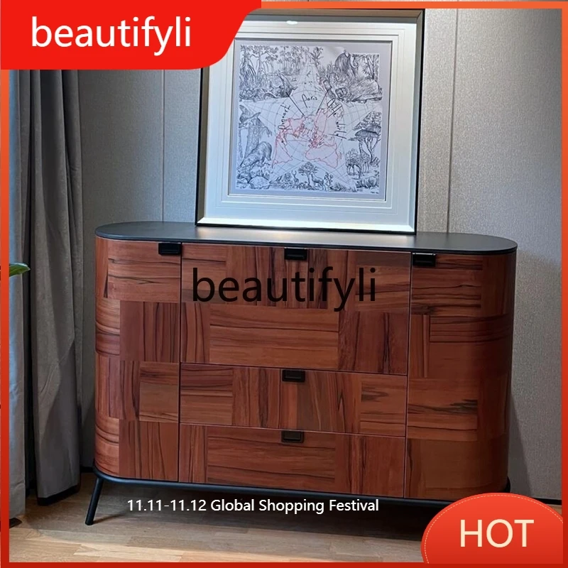 

Medieval simple wood grain dining side cabinet custom hall door locker European living room light luxury tea cabinet D80