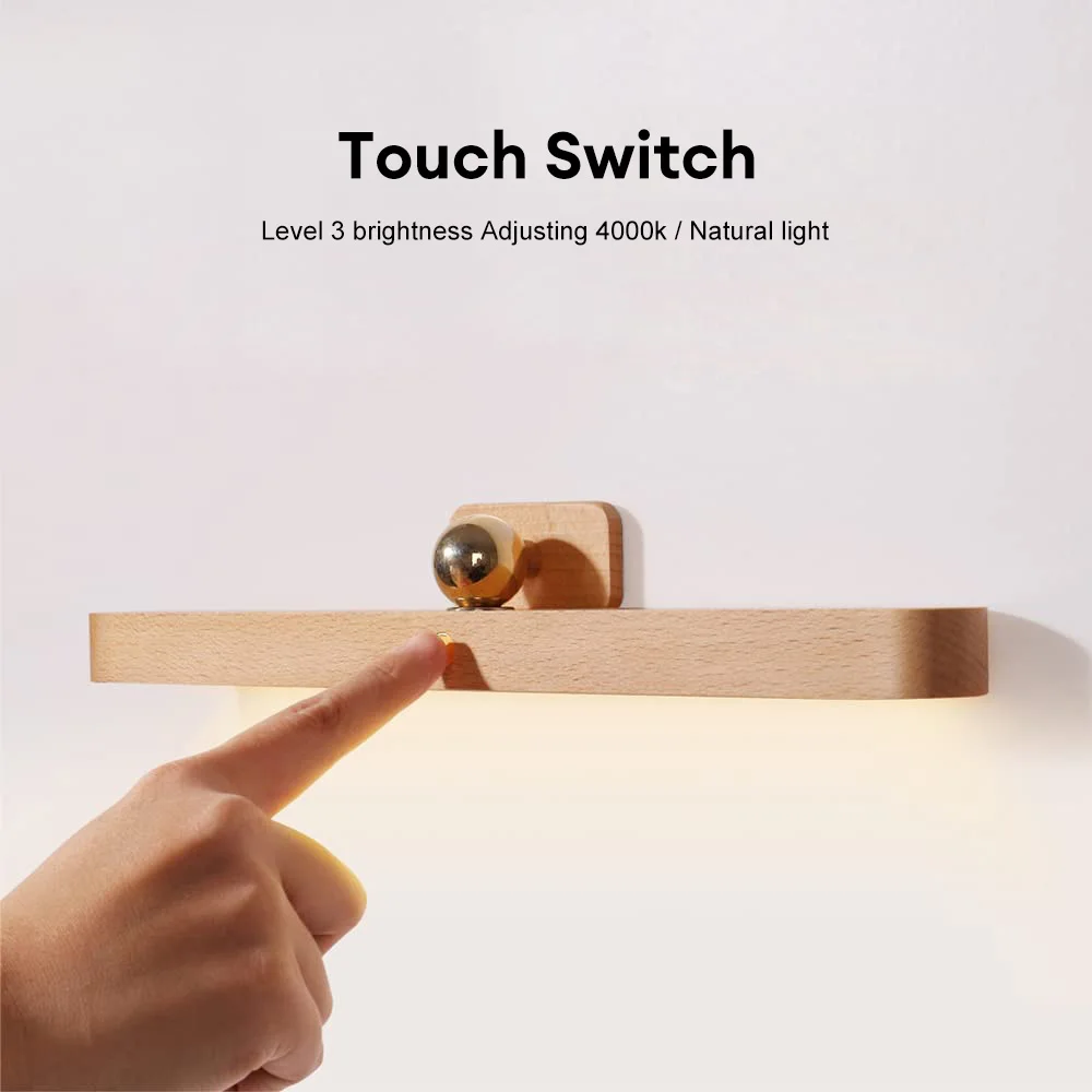 USB Magnetic Charging Wooden Mirror Front Fill Light Wireless LED Night Light 360°Rotatable Touch Wall Light for Bedroom