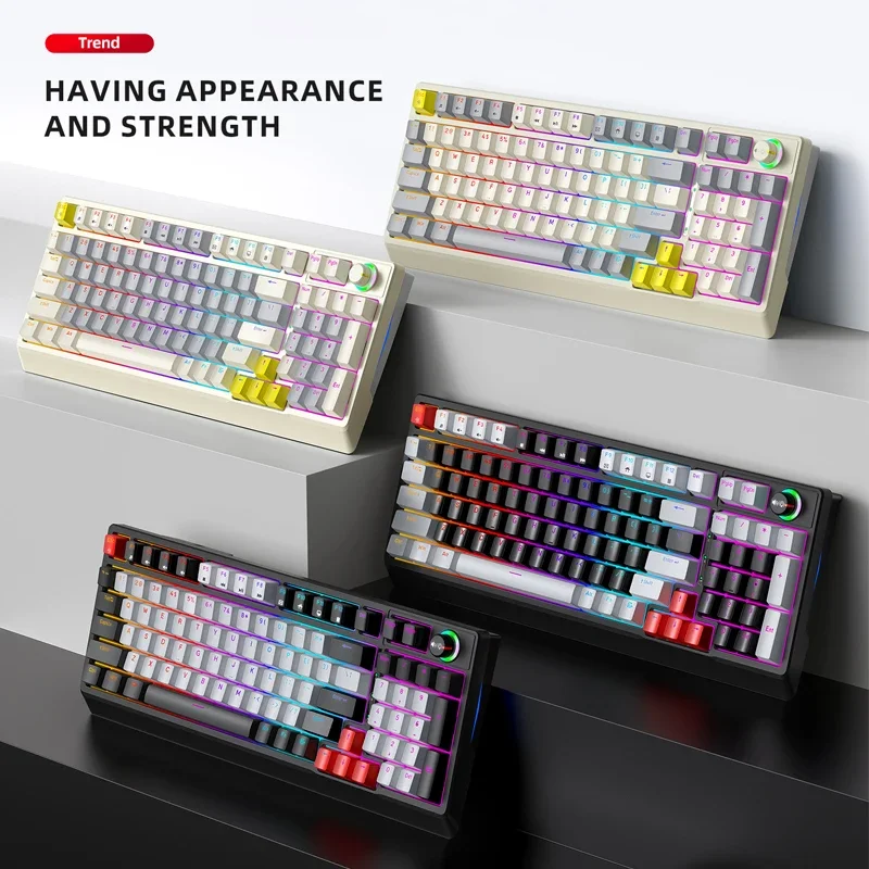 T-WOLF T50 Mechanical Gaming Keyboard 98 Keys Wired Blue Switch RGB Light Ergonomic Keyboard Multifunction Knob For PC Laptop
