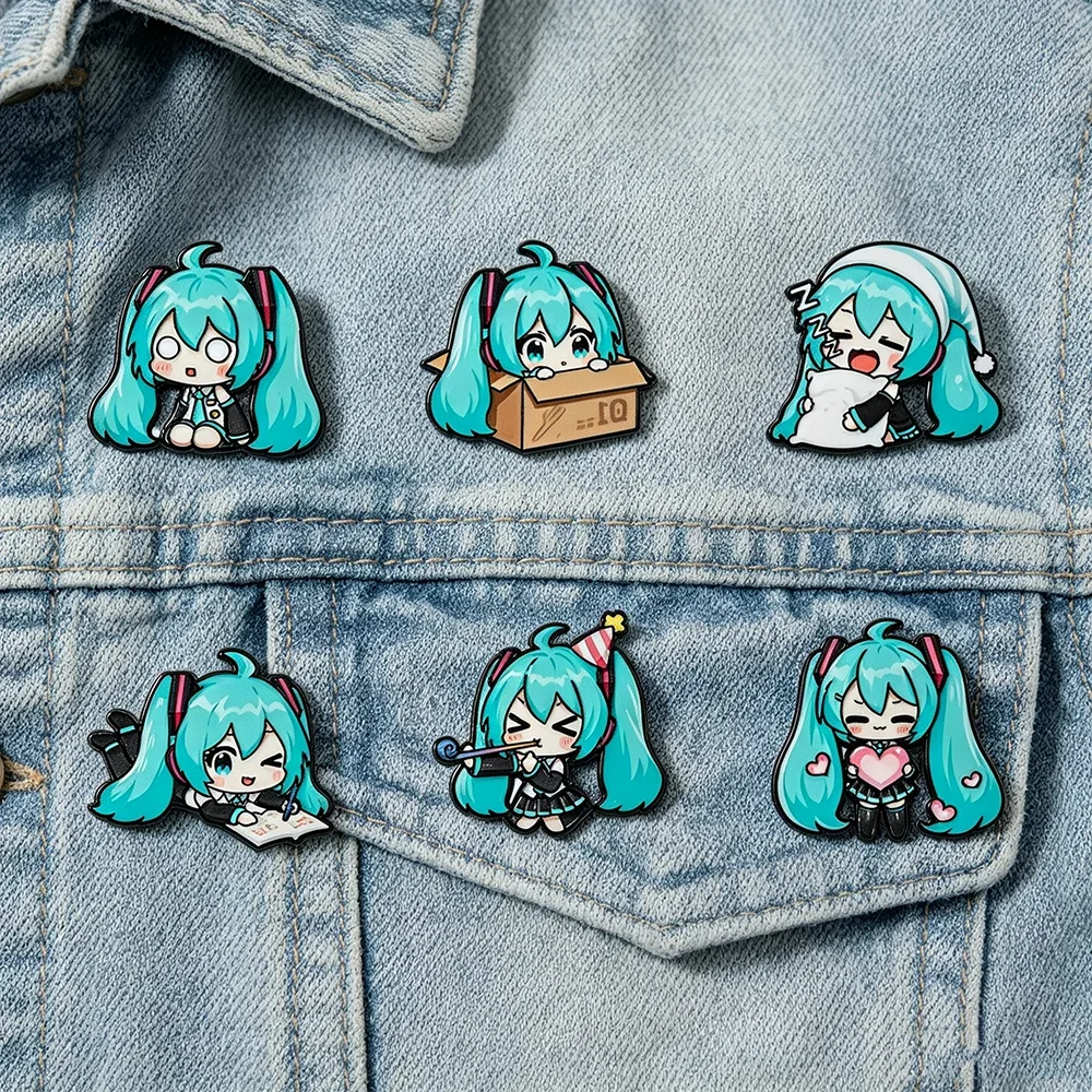 **6pcs Kawaii Chibi Enamel Pin Set Multi-Pose Vocaloid Anime Brooches, Aesthetic Metal Lapel Badges for Backpack Perfect Gift