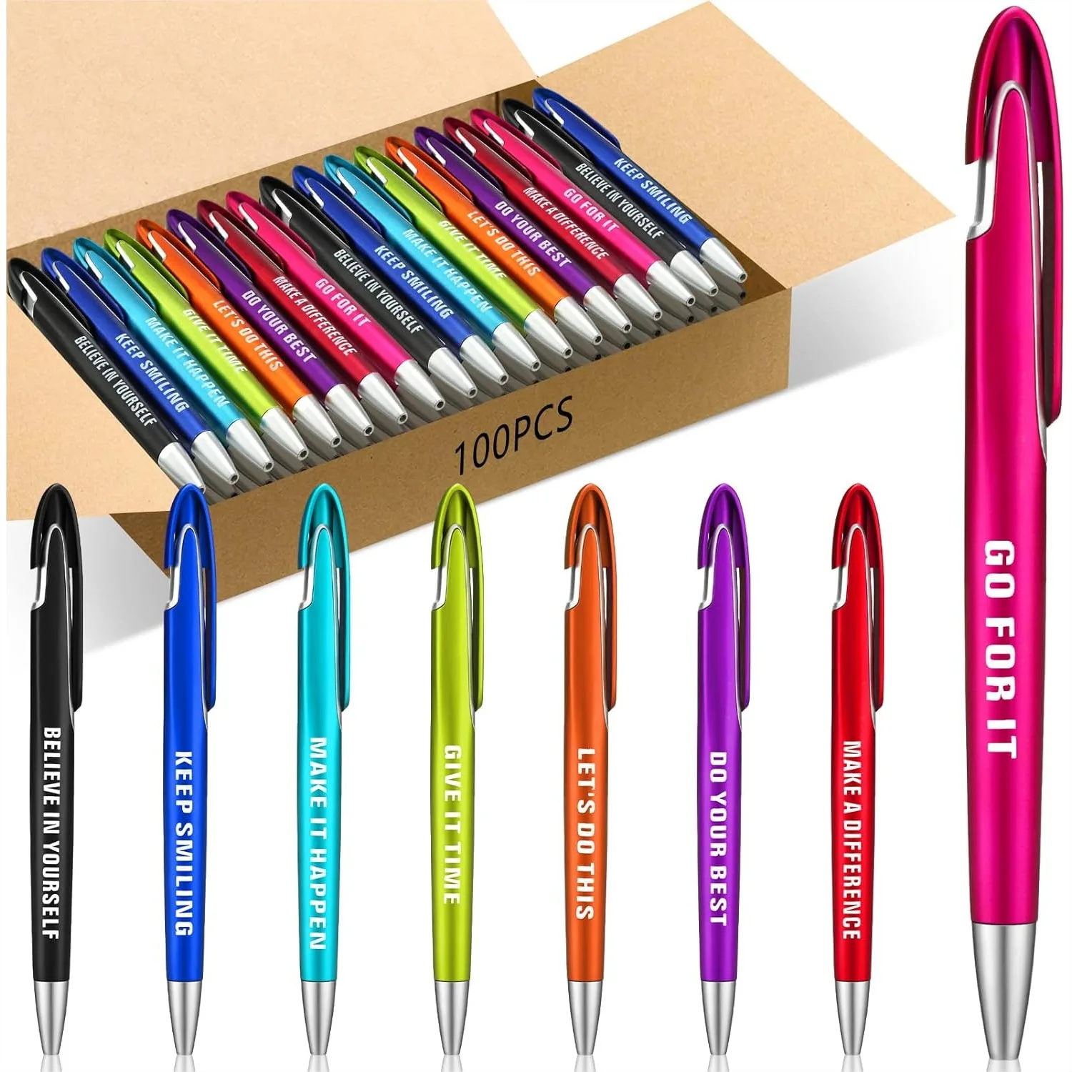 

100 Inspirational Ballpoint Pens Bulk with Positive Quotes, Retractable Medium Point Black Ink, Motivational Gifts for Teacher