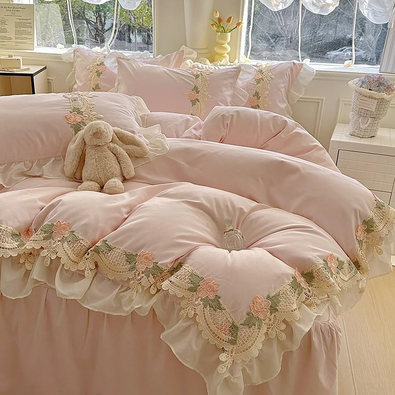 

Korean cute princess style lace bed skirt four-piece set lace sheet quilt cover bedding
