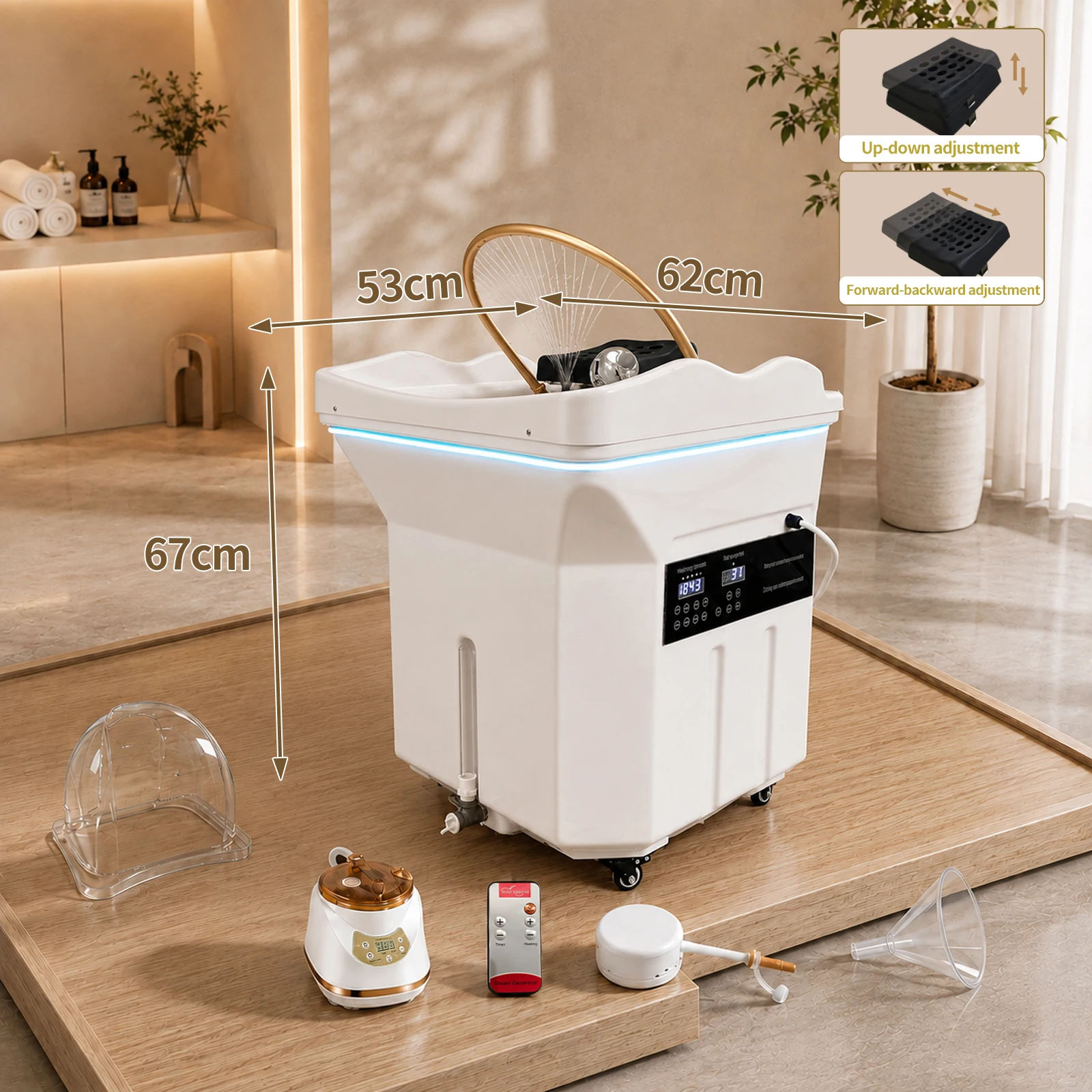 US Stock Mobile Shampoo Bowl White Electric Hair Washing Basin Salon Station with LED Light Temperature Control for Barber Spa