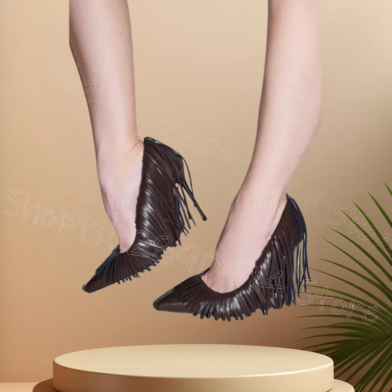 

Brown Tassels Design Shallow Pointed Toe Pumps Slip On Women Shoes Thin High Heels Party Feast Dating 2025 Zapatos Para Mujere