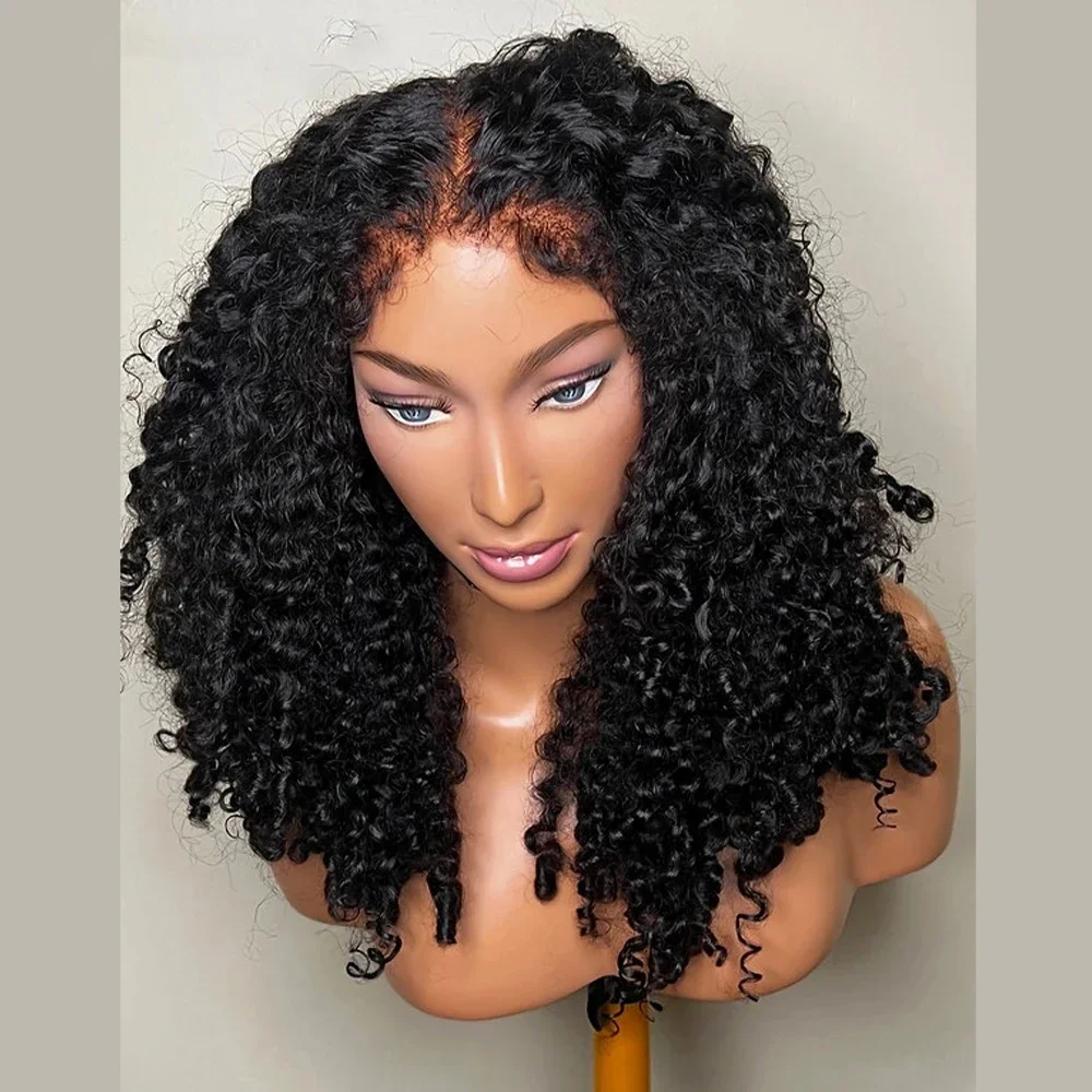 Soft 26Inch 180Density Natural Black Long Glueless Kinky Curly Deep Lace Front Wig For Women With Baby Hair Preplucked Daily