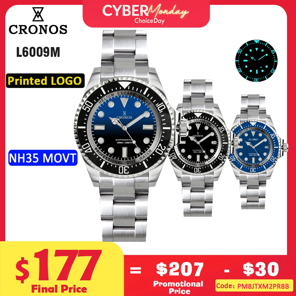 Cronos Automatic Diving Watch Stainless Steel 2000 Meters Water Resistance Professional Diver L6009M