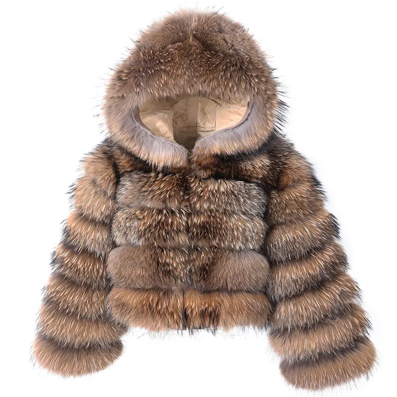 2023 Hot Sale  Natural Real Raccoon Fur Coat With Hat Women's Winter Fur Jacket Luxury Leather Fur Female Clothes