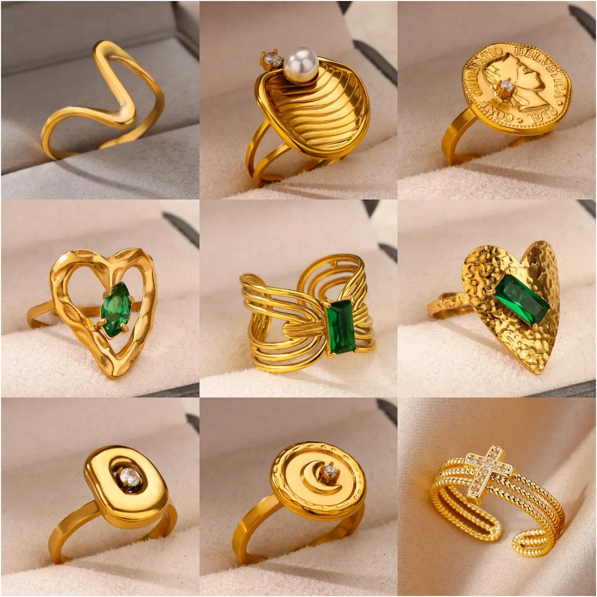 Green Heart Square Zircon Open Rings For Women 2024 Trend Gold Color Stainless Steel Ring Wedding Jewelry Christmas Gifts