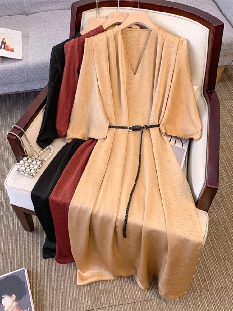 Elegant V-neck Long Dress Women's Summer plus Size Slimming Waist Cinched Short Sleeve Satin A-line Dress Korean Style