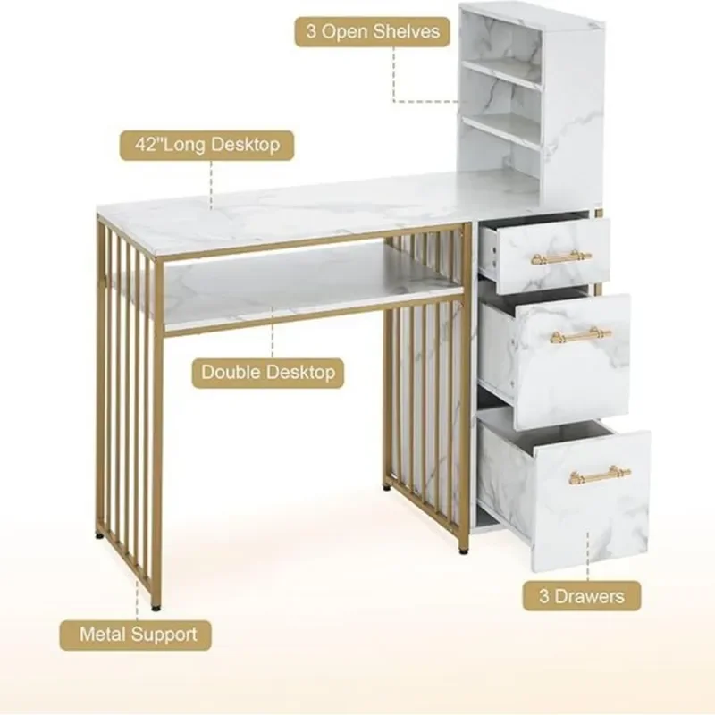 Factory custom marble pattern with drawer storage manicure table, beauty salon modern open storage manicure table