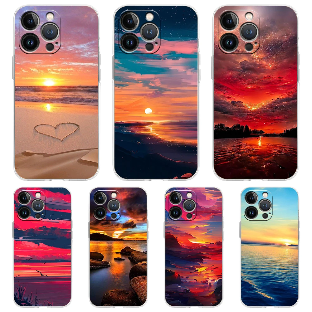 Beach Dusk Sky Transparent Phone Case Cover for iPhone 16 15 14 13 12 11 Pro Max XS Max 16 7 8 Plus Shockproof Soft Shell Capas