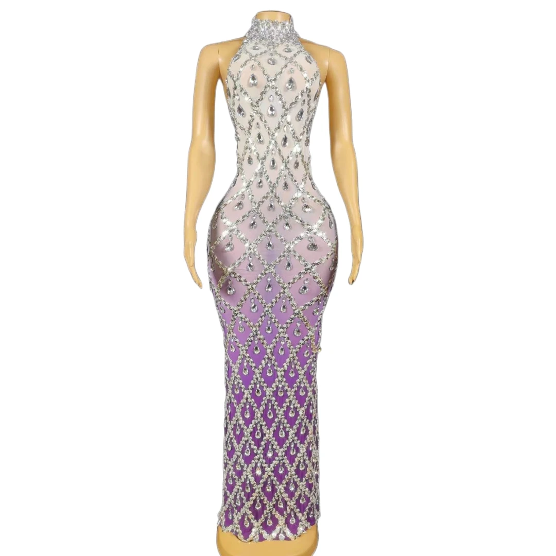 

Gradient Color Rhinestone Sexy Birthday Queen Dress Women Celebration Evening Party Costume