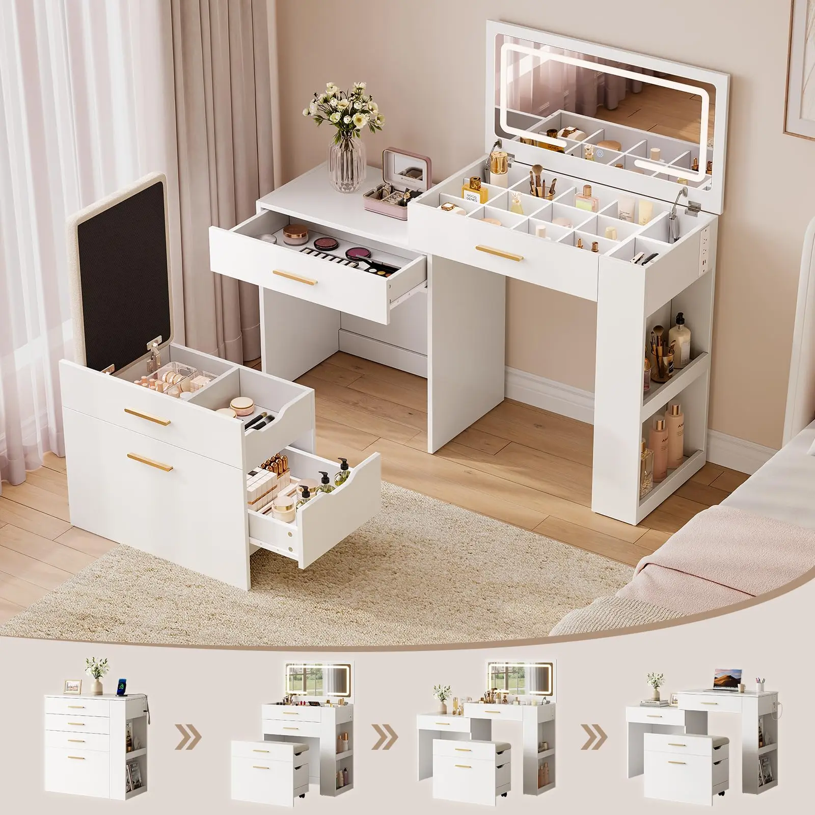 4 in 1 Desk with Mirror, LED Light, Small Makeup Set