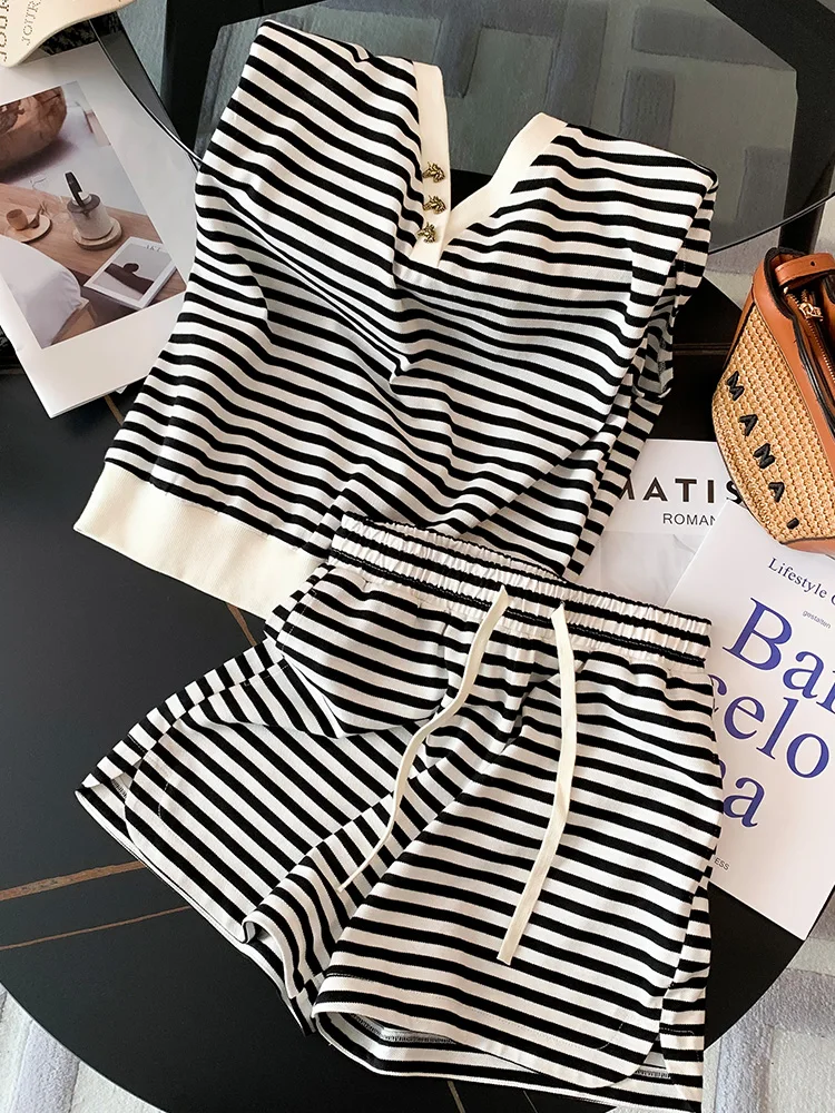 high-waist-orts-women's-svel-casual-striped-spor-two-piece-set-cotton-polyester-blend-summer-faion-trend