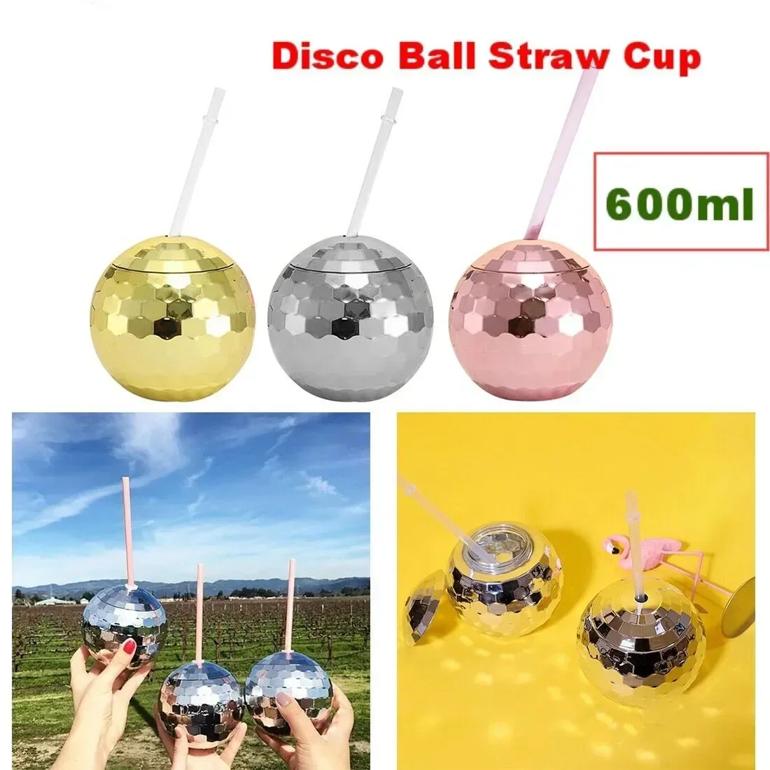 600ML Unique Disco Ball Cups Flash Cocktail Nightclub Bar Party Flashlight Straw Wine Glass Drinking Syrup Tea Bottle Drinkware