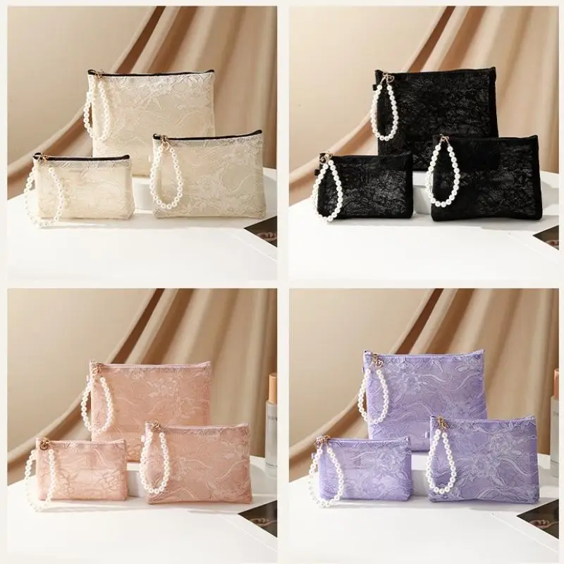 Kosmetiktasche aus Spitze mit Perlen-Handgelenkschlaufe und halbtransparentem Design, perfekt für die Aufbewahrung des täglichen Make-ups und für den Reisegebrauch. – Detail 6