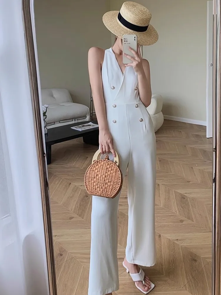 

V-Neck Hanging Neck Jumpsuit For Summer Haute Couture Retro Fashion Sleeveless Loose Fitting High Waisted Wide Leg Pants