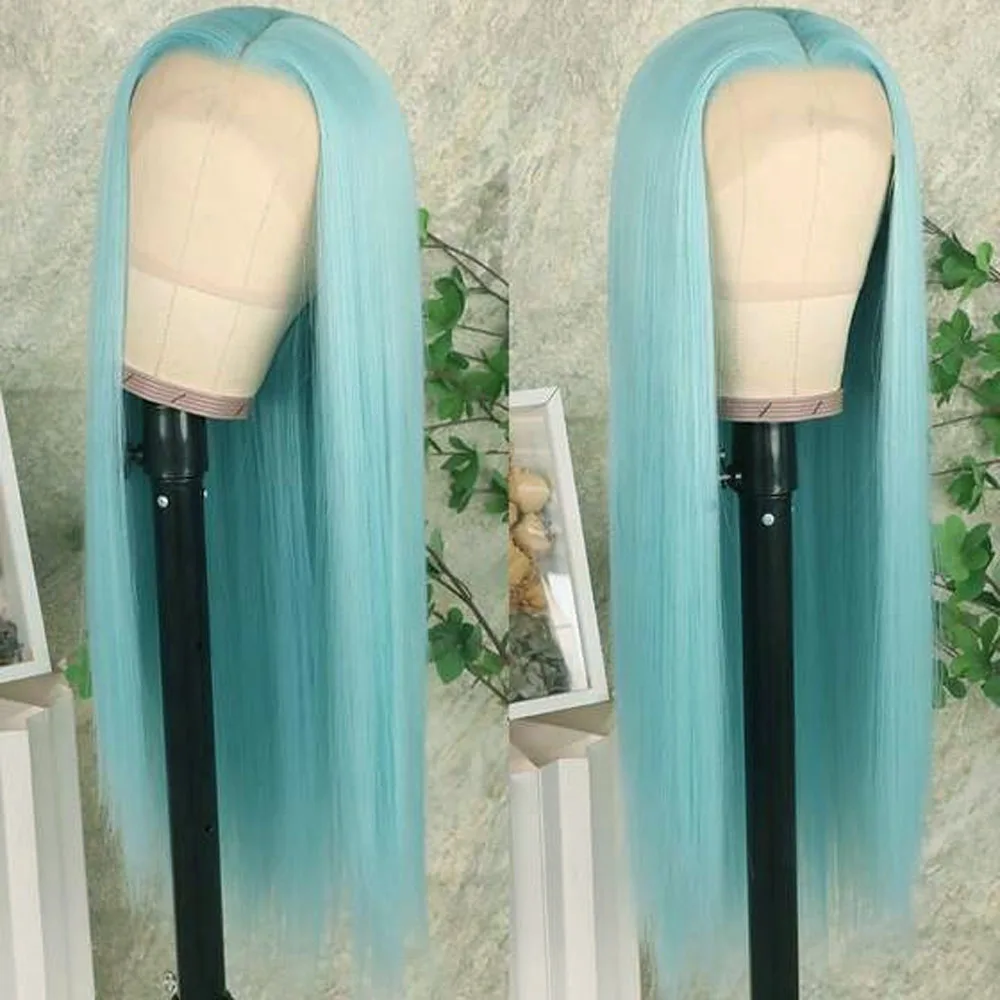 Tiffany Blue 24 Inch Straight Lace Front Wig, Heat Resistant Synthetic Fiber, Natural Hairline, Glueless & Beginner Friendly
