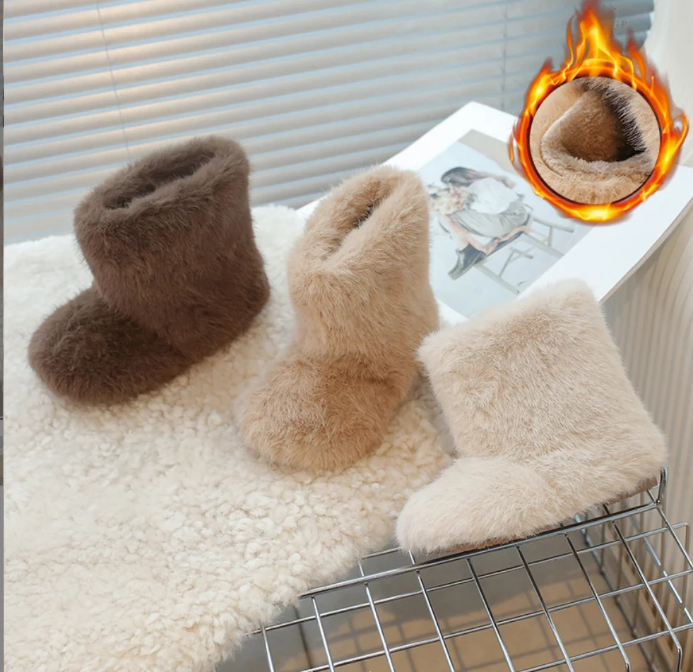 

Роскошные зимние сапоги на толстом меху, детские пушистые теплые плюшевые ботинки для девочек, новинка зимы 2025, теплая хлопковая обувь без шнуровки для малышей на открытом воздухе