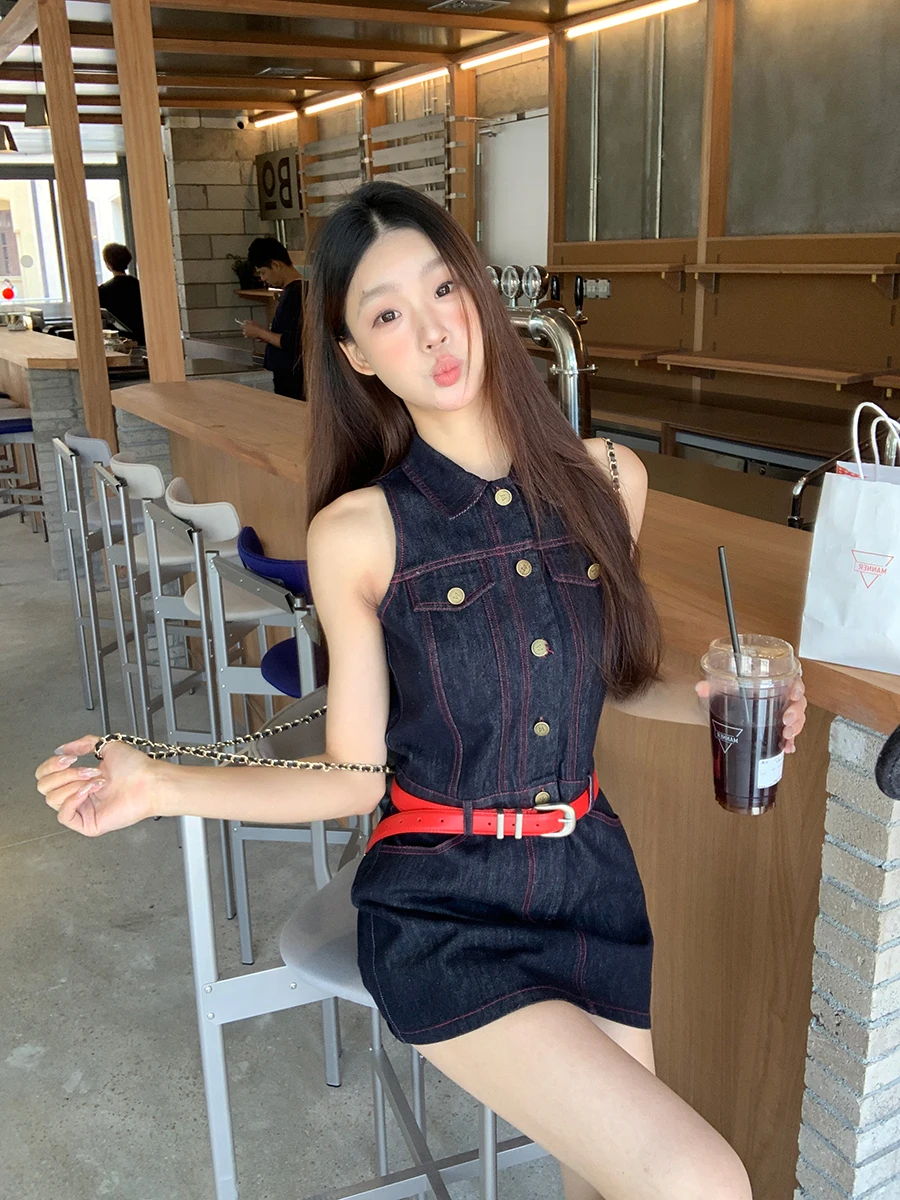 Vestido de Verão Novo em Jeans Azul para Mulheres, Cintura Alta, Estilo H, Mistura de Aodão e Poliéster, Sem Mangas, Gola P...