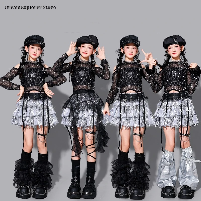 Girls K-pop Sequin Crop Hoodies Street Dance Fringed Skirt‌ Clothes Sets Kids Hip Hop Shiny Costumes Child Girl Group Streetwear