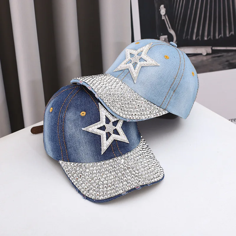 New Baseball Cap Big Five-pointed Star Trend Diamond-encrusted Denim Cap Outdoor Casual Personalized Rivet Hat
