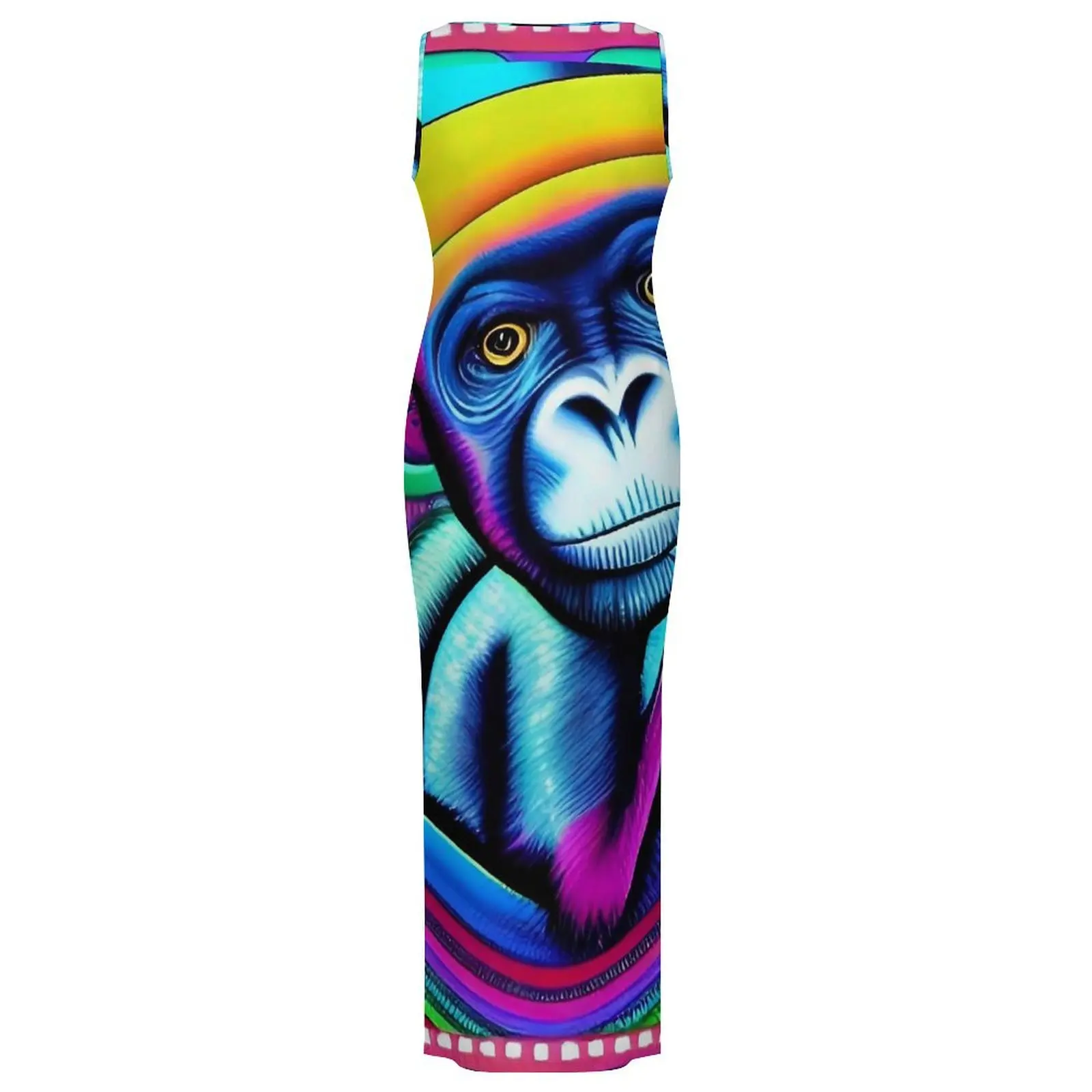 Zabawna sukienka z małpą, bez rękawów, uroczy nadruk zwierzęcy, elegancka sukienka maxi, wiosenny styl uliczny, graficzna sukienka bodycon, rozmiary 2XL 3XL 4XL