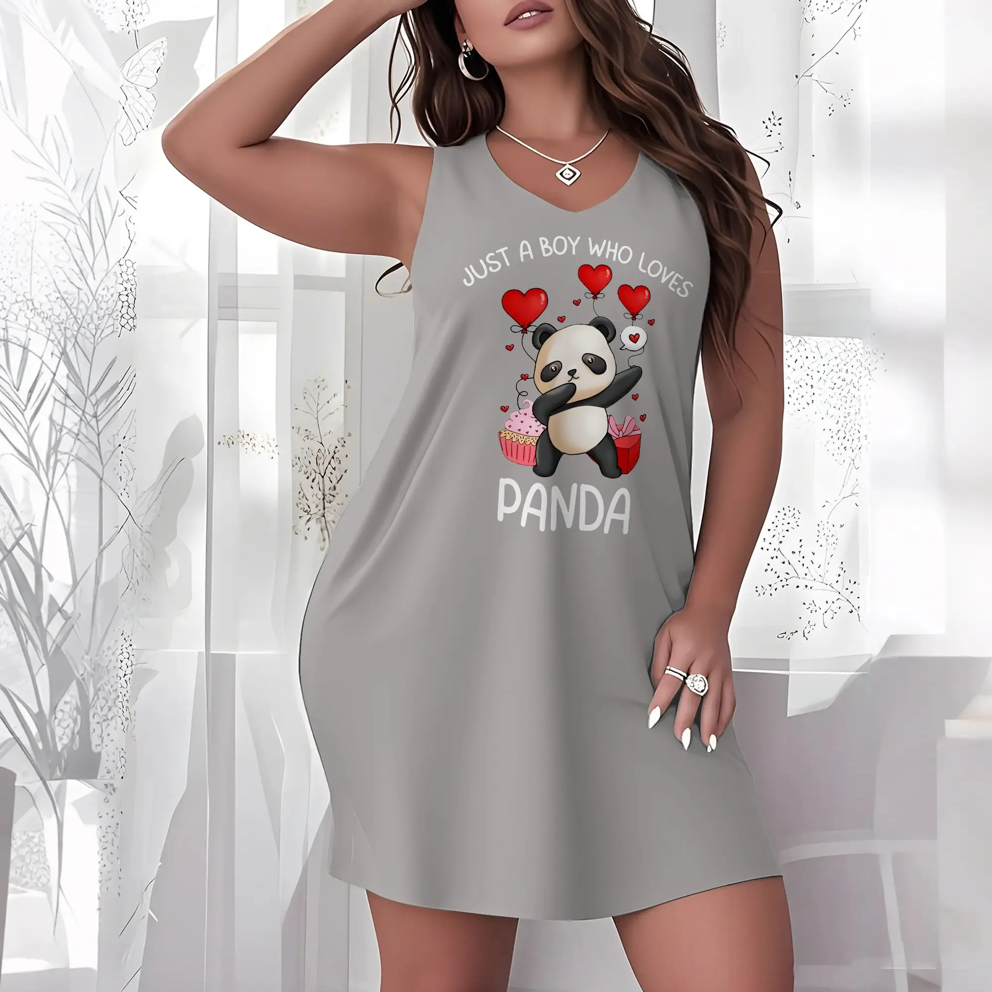 Plus Size Women Sleeveless V Neck Night Dress Just A Boy Who Loves Panda Cute Cartoon Animal Heart Cupcake Gift Print Animal Lover Loose Loungewear Sleep Gown