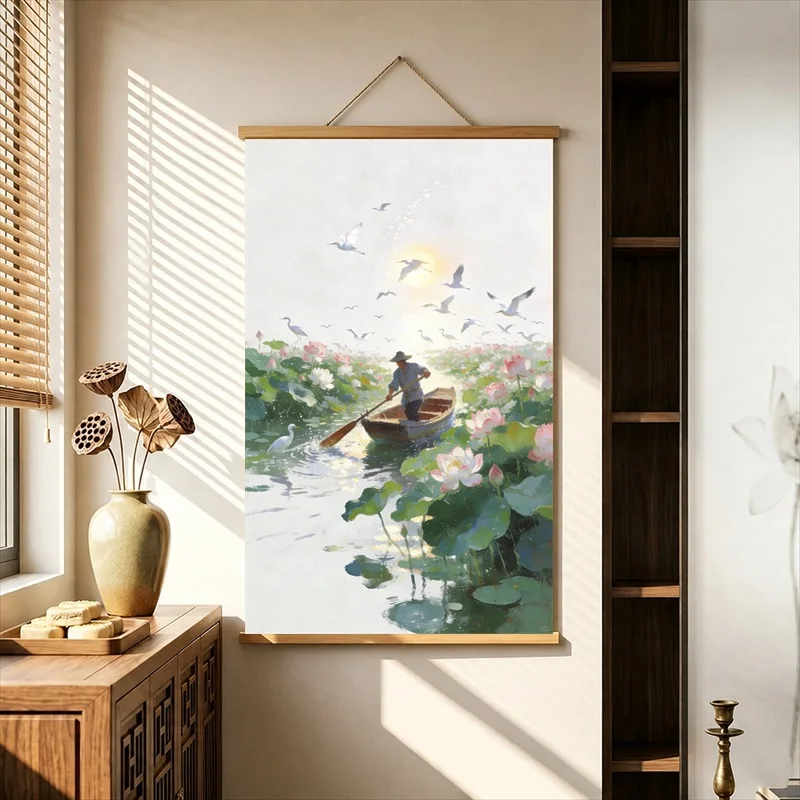 Wall Art Boats among Lotus Flowers and Summer Rain, Oriental Landscape Pearlescent Canvas Wall Hanging Scroll for Tea House