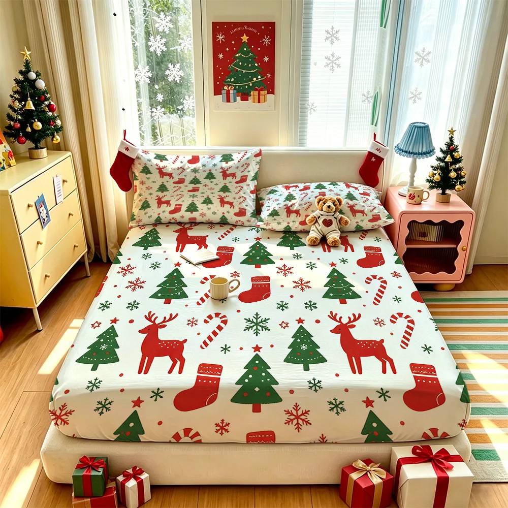 3PCS Reindeer Christmas Tree Snowflake Candy Cane Bedding Set 1 Bedspread 2 Pillowcases No Insert Soft Machine Washable Holid