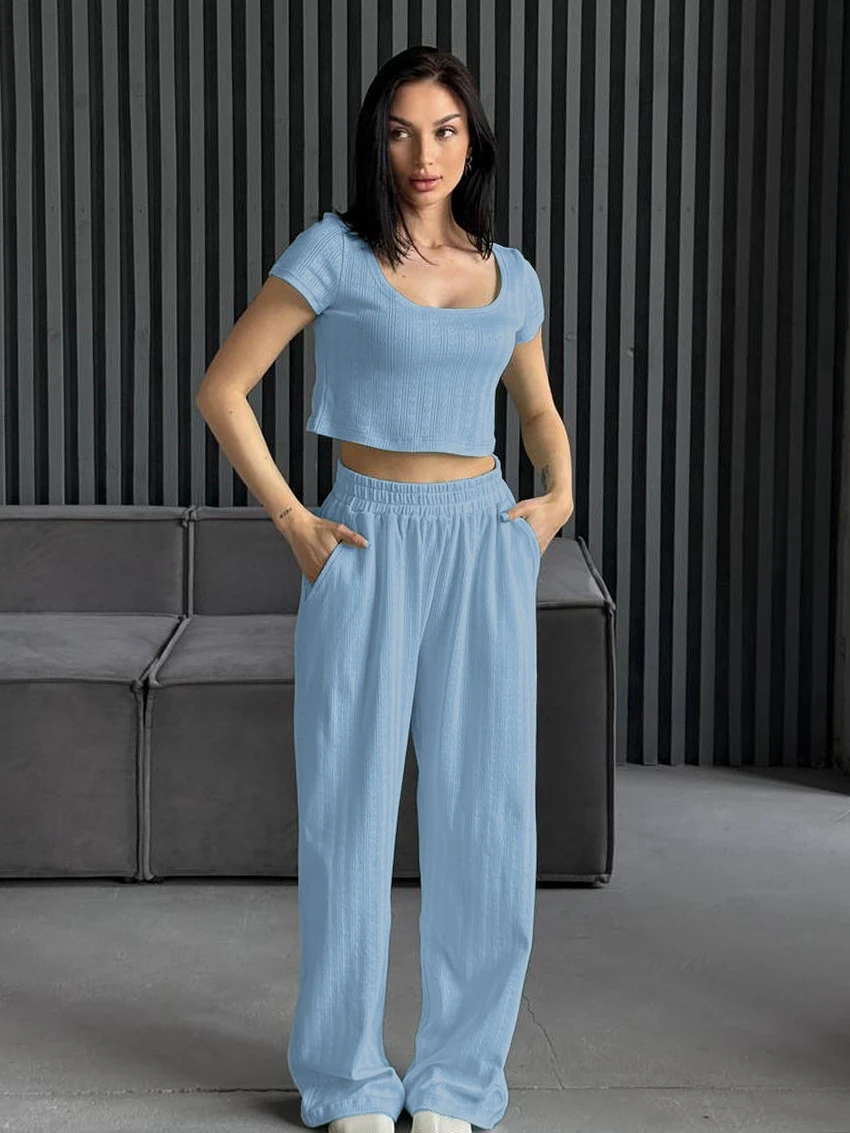Marthaqiqi Knitted Female Pajamas Suit O-Neck Nightie Crop Top Sleepwear Short Sleeve Nightgown Pants Casual Women Nightwear Set