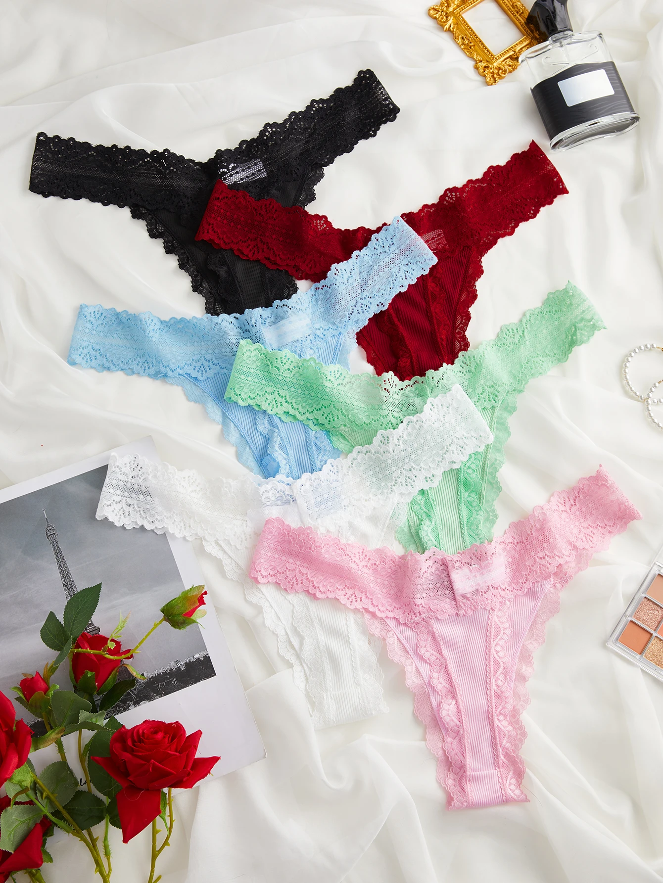 6pcs/Set Perspective Floral Panties Women Lace Thongs Low Waist Comfortable Solid Ladies G-string Bow Female Sexy Underwear