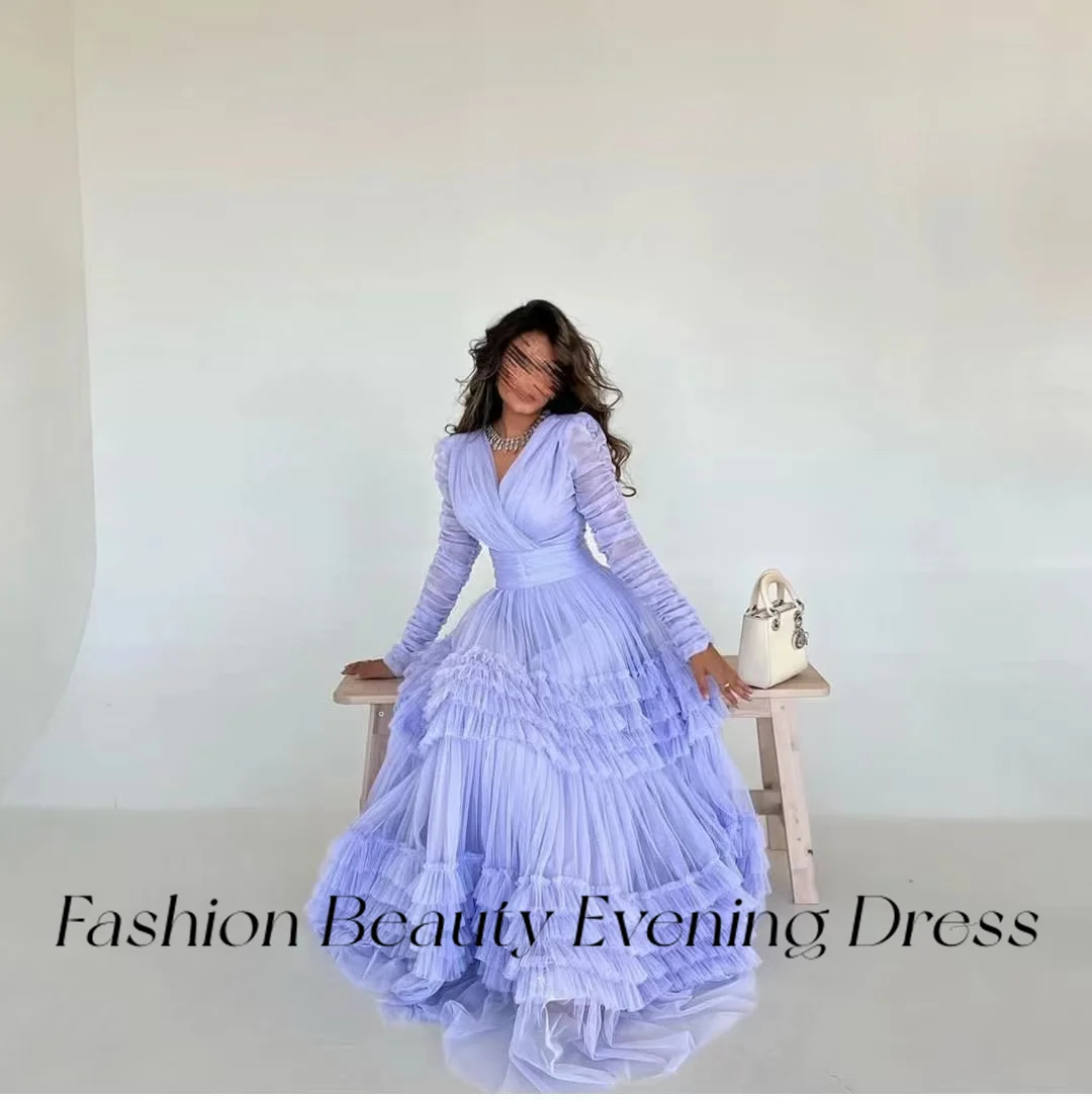 Fashion Light Purple Prom Dresses V Neck  A-line Ruffles Tiered Formal Evening Party Dress For Women 2024 vestidos de fiesta