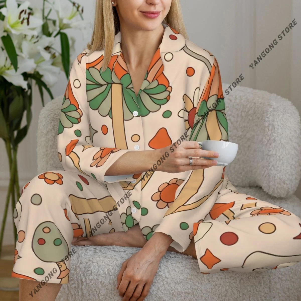 Spring and Autumn Long Sleeve Pants Pajamas Loungewear Set Mushrooms Daisy Flowers Retro Women's Pull Edge Loose Sleeping Suit