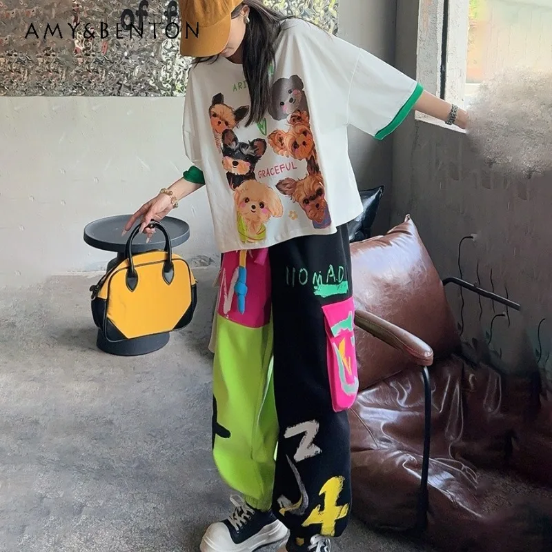 

Summer Popular O-neck Half Sleeves Trousers 2-piece Set Looks Thin And Young Splicing Letter Printed T-shirt Casual Pants Suit