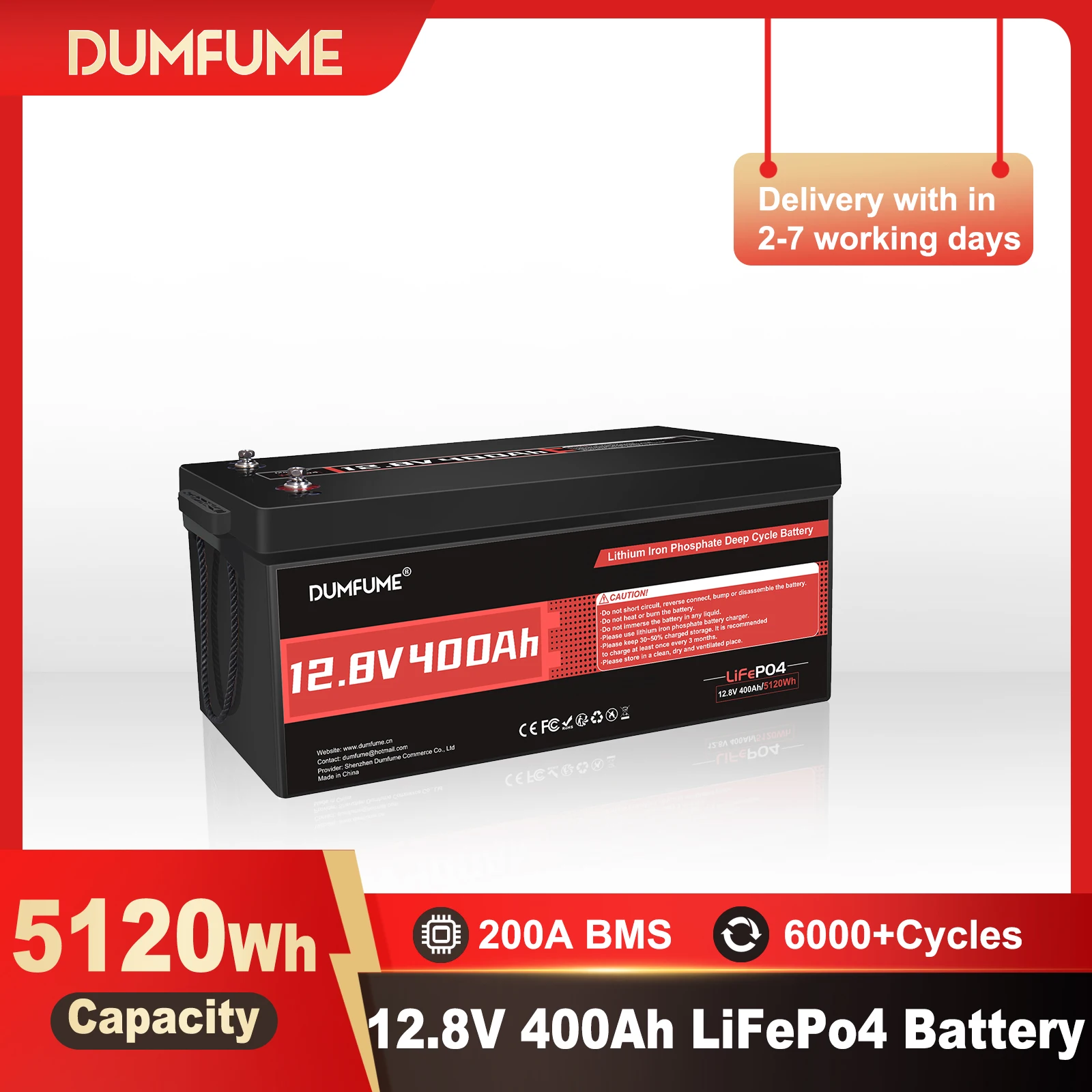 

Dumfume 12.8V 400Ah LiFePO4 Lithium Battery Built-in 200A BMS 5120Wh for RV Solar Off-grid Applications Home Energy Storage