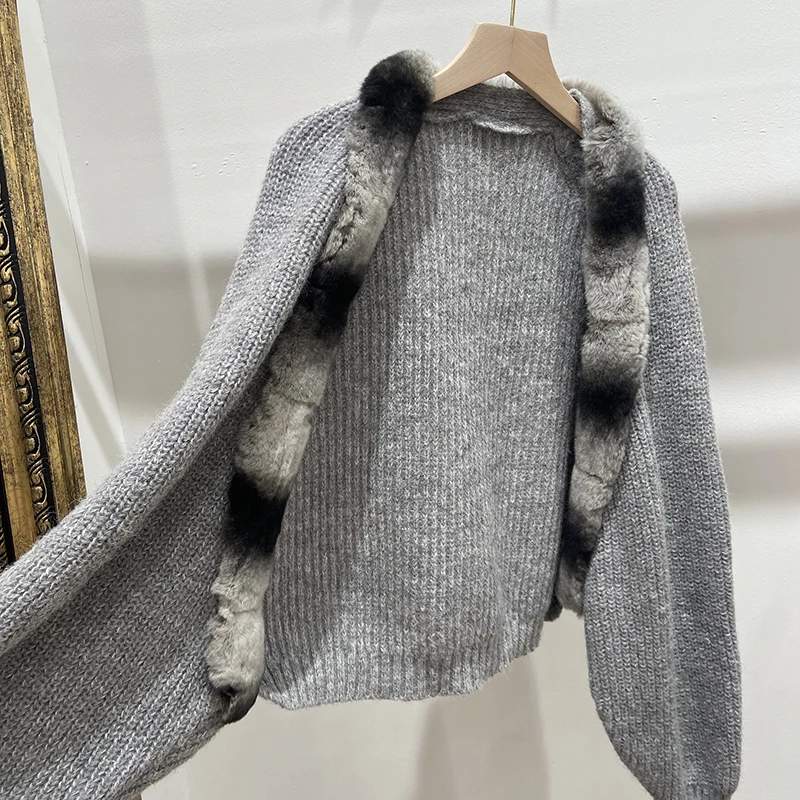 Women Autumn Real Rex Rabbit Fur Collar Open Stitch Cape Oversize Real Fur Collar Sweater Knitted Cloak Coat