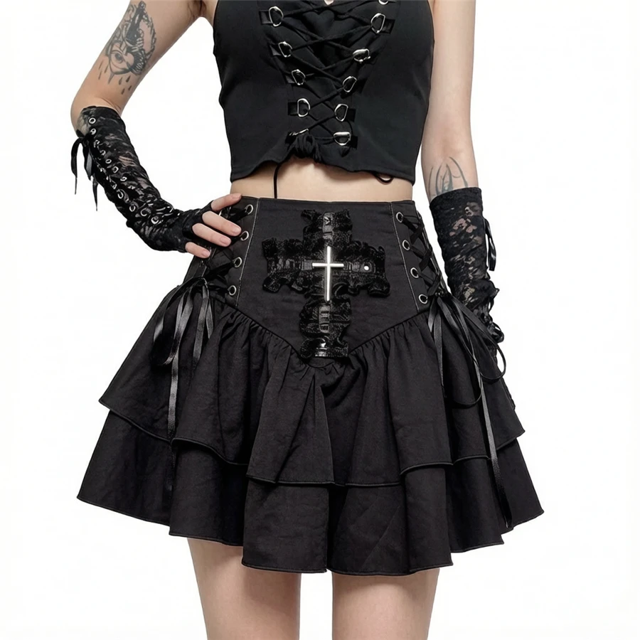 Women Summer Patchwork Pleated Skirts Mall Gothic Techwear Bottoms Grunge Aesthetic Women Bandage Mini Skirt Alt Clothes