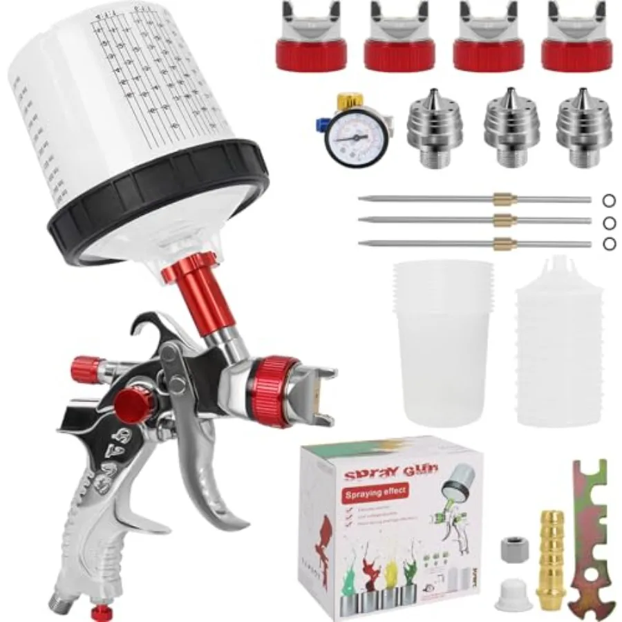 

HVLP Spray Gun Kit with 4 Nozzles 1.4/1.7/2.0/2.5mm 10 Disposable 600ml Paint Cups and Air Pressure Regulator Automotive Gravit