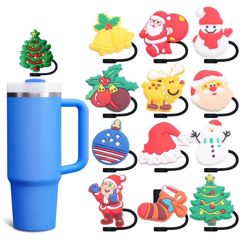 Festival Snowman Reindeer Straw Cover Cap 10MM Eco-friendly Straw Plug Splash Proof Drinking Cup Charms Pendent Home Party Gift