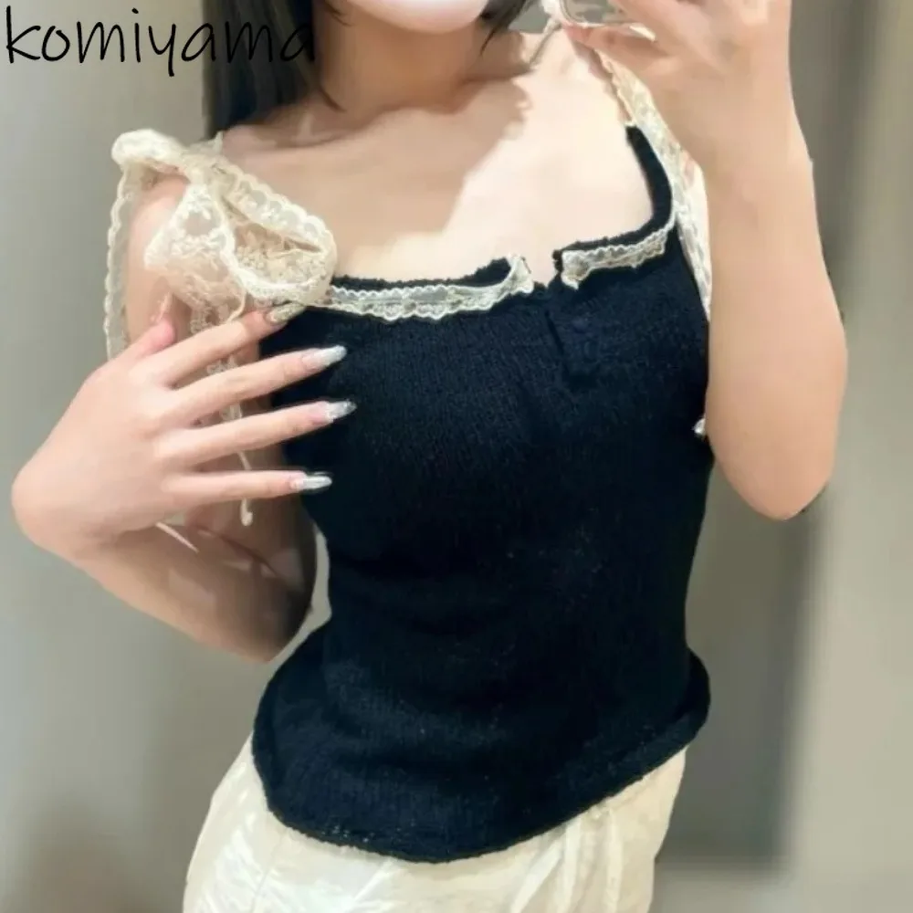 

Japanese Lace Spliced Ropa De Mujer New Sweet 2025 Clothes Woman Bandage Bow Clothing Spaghetti Strap Top Summer Tanks Tops