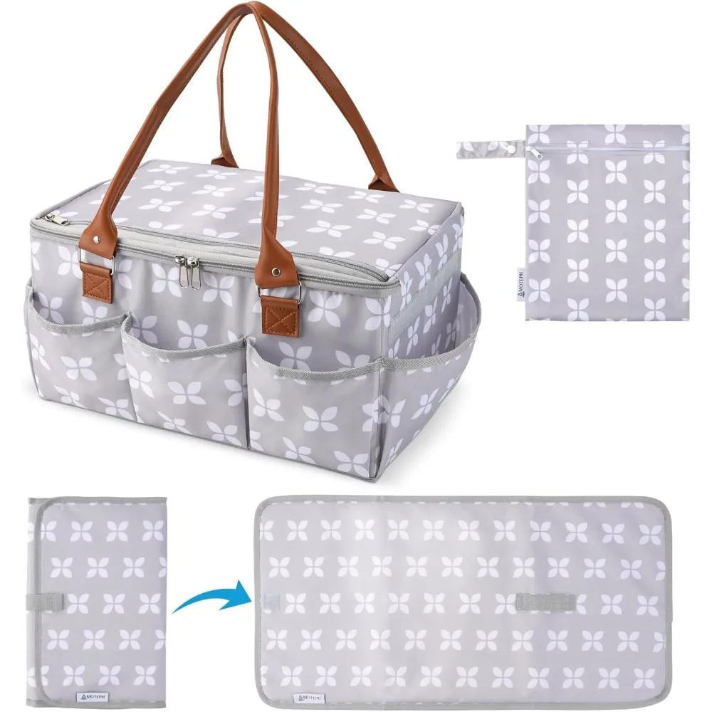 

Large Diaper Caddy Organizer with Lid and Changing Mat, Portable Storage Tote for Baby Showers - Grey