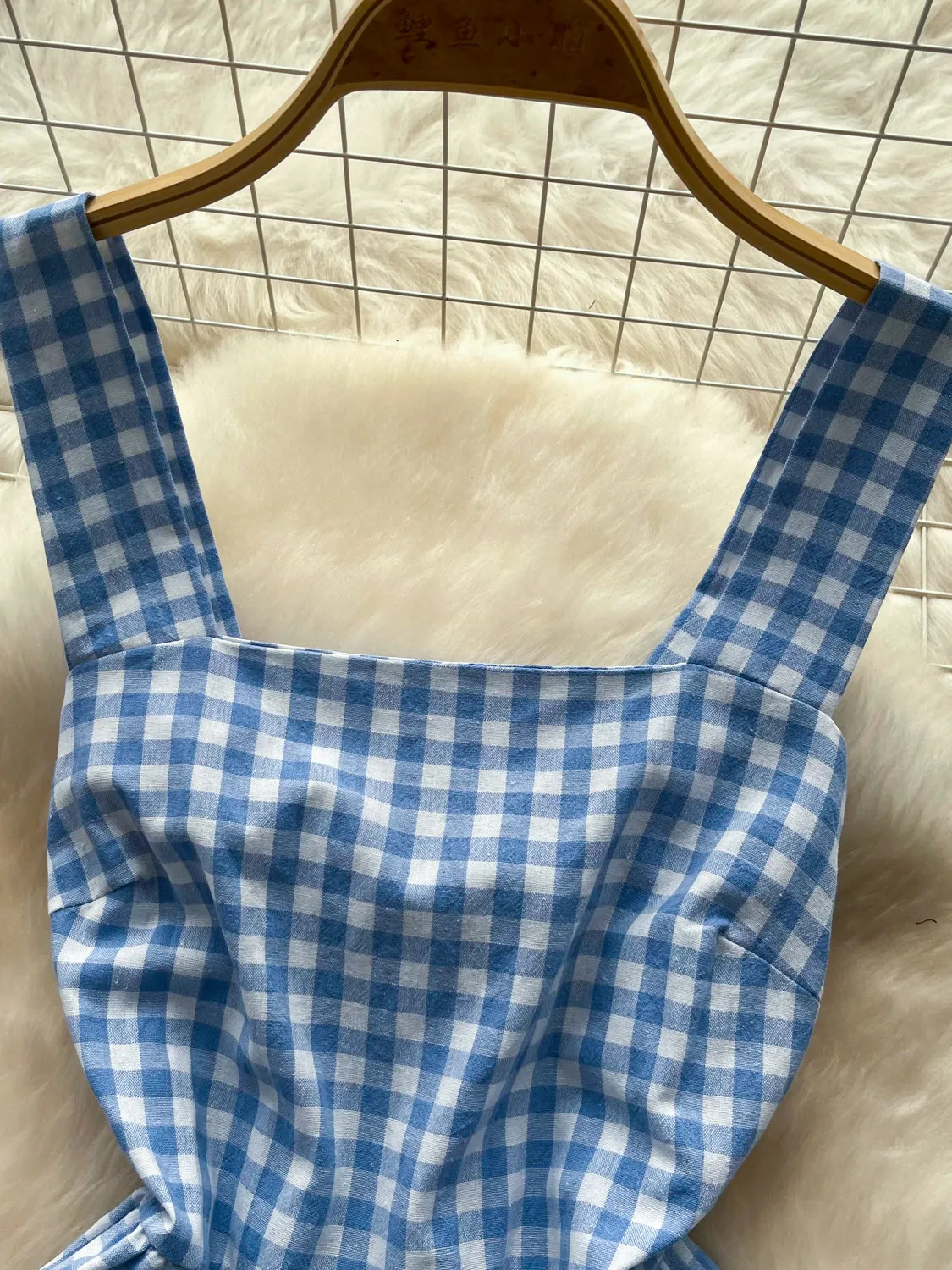 Women's Blue Plaid Bodysuit Square Neck Jumpsuit Fashion Vintage Casual Elegant Short Jumpsuit One-Piece Outfit for Women Summer