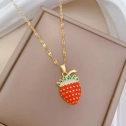 Sweet Cute Red Strawberry with Zircon Necklaces for Women Girls Stainless Steel Chain Fruit Jewelry Accessories Gifts for Lover