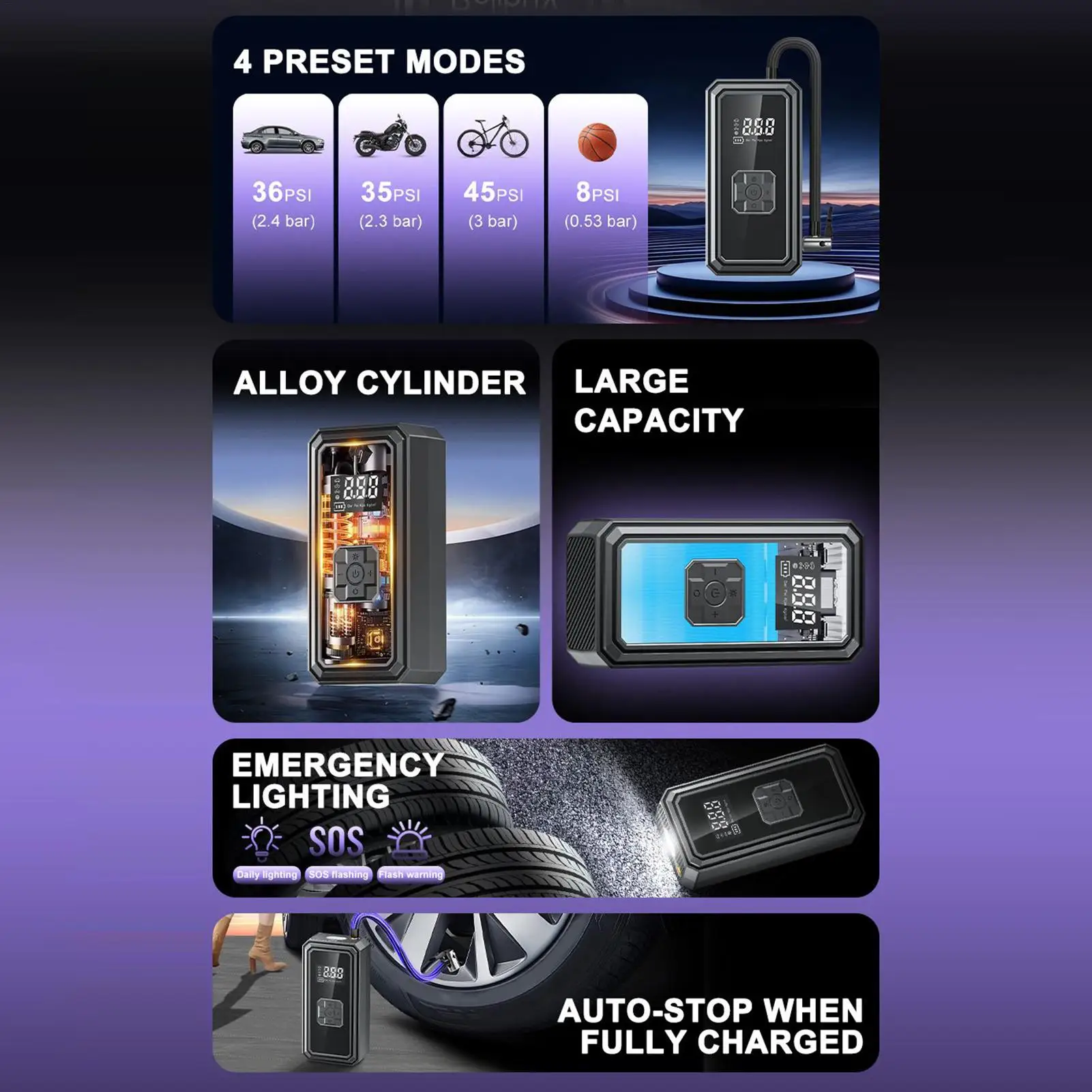 

Air Pump For Car Tires With Lights Auto-Stop Cordless Car Tire Air Pump Portable Inflator For Motorcycle Bike Ball Auto