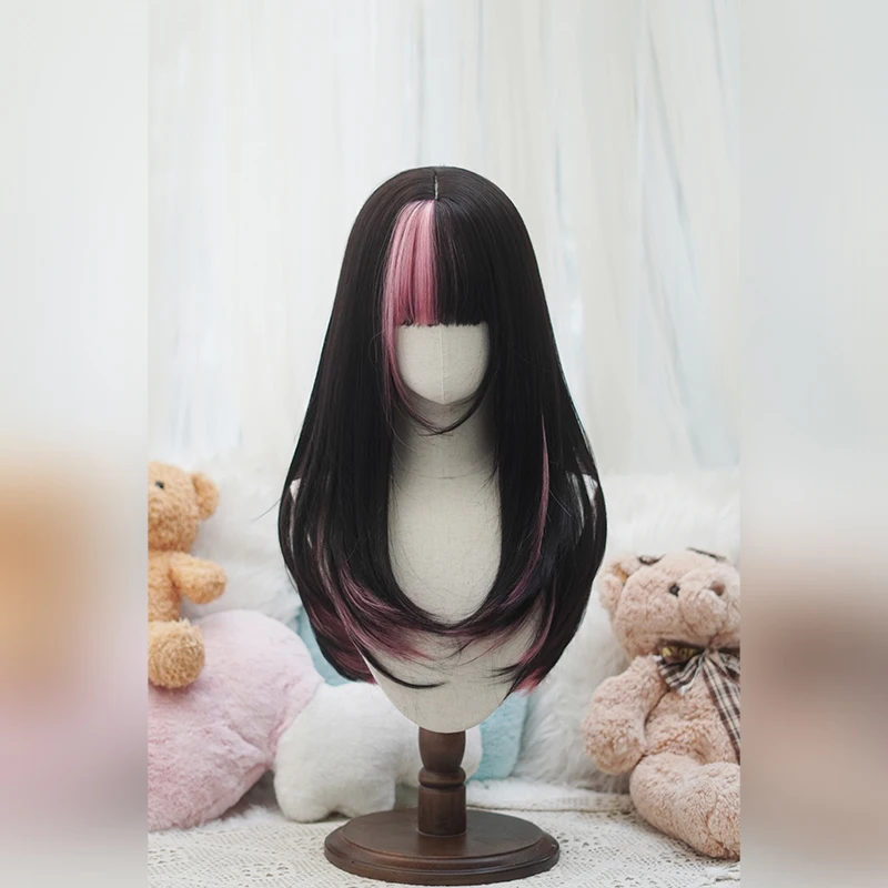 24 inch long straight witch black and red、black and pink synthetic wig, used for holiday parties and Halloween role-playing
