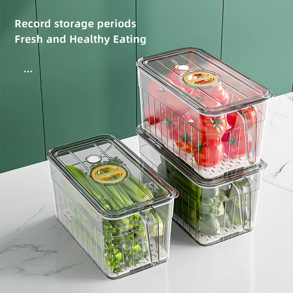 Fridge Storage Box Fruit Freshness Sealed Handheld Timing Organiser with Drainage Board for Kitchen Refrigerator Organizer Bins