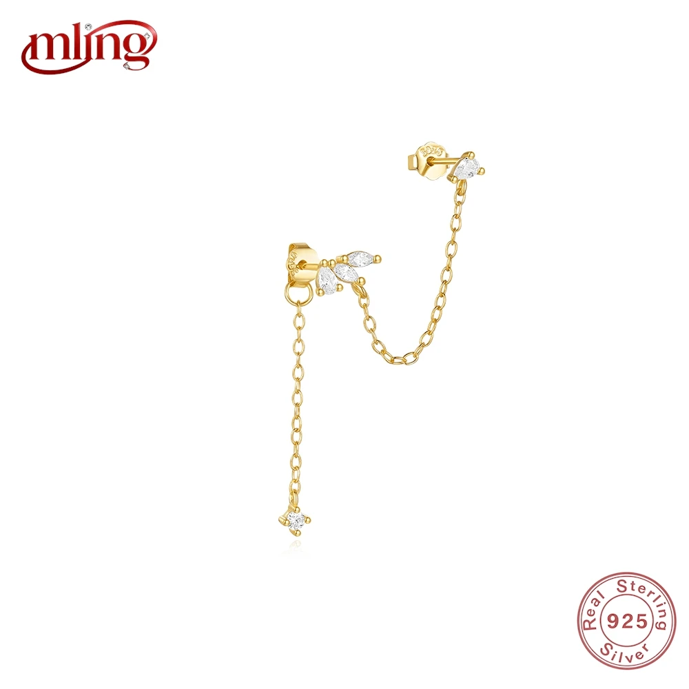 

MLING 1PC S925 Sterling Silver Horse Eye Cubic CZ Chain Tassel Cartilage Lobe Earring For Women Elegant Double Piercing Jewelry