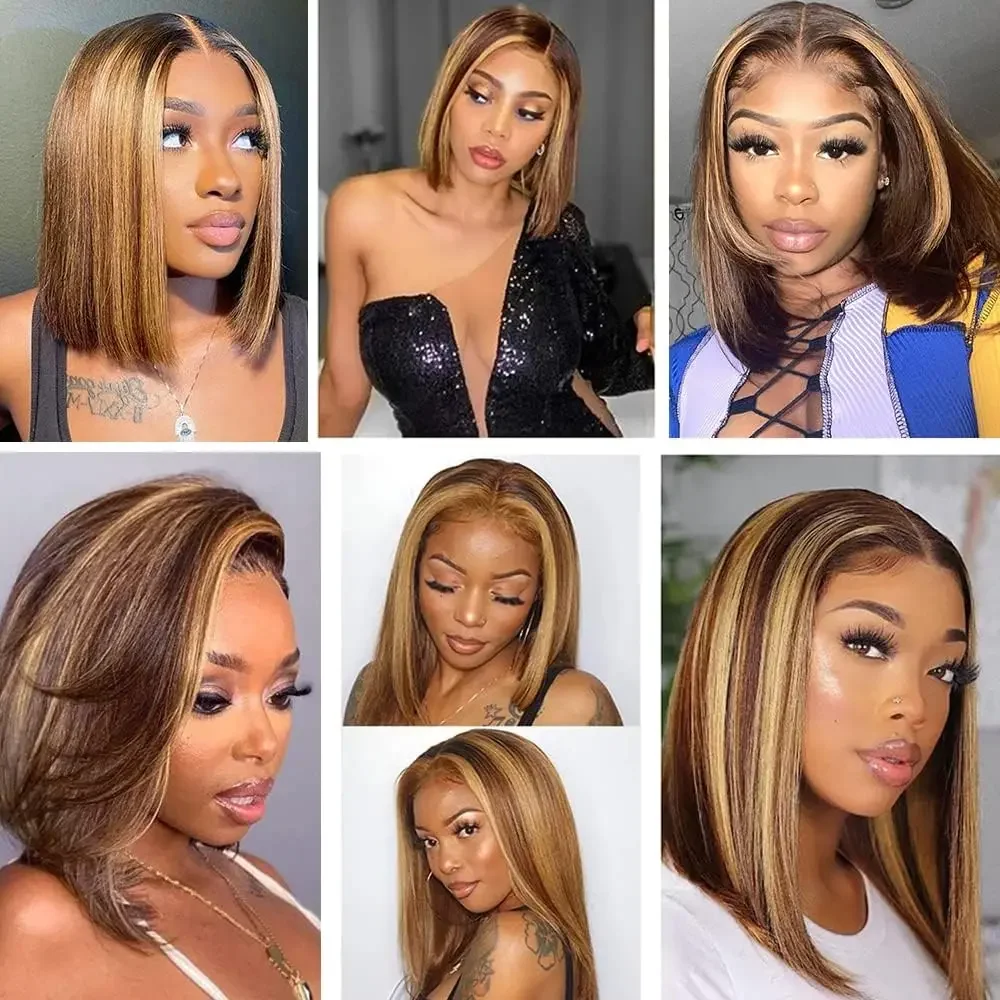 4/27 Highlight Straight 13x4 Full Lace Frontal Human Hair Wig For Women Blonde Brown Piano Color Transparent Lace Front Bob Wigs